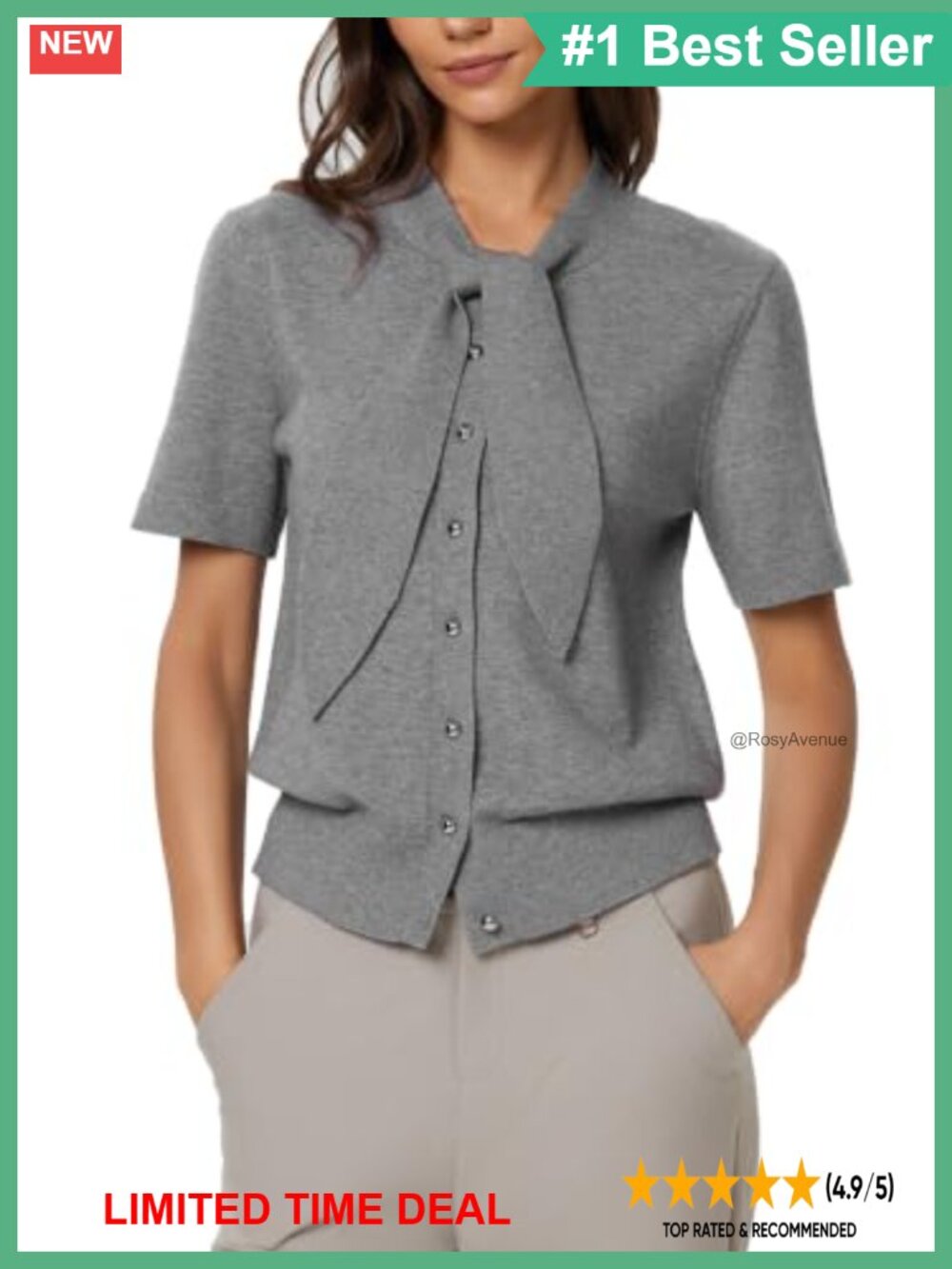 Ribbed Knit Tie Neck Short Sleeve Cardigan Sweater